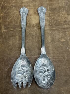 Silver plate Decorative Fork & Spoon Fruit Salad Serving Set Vintage Italy